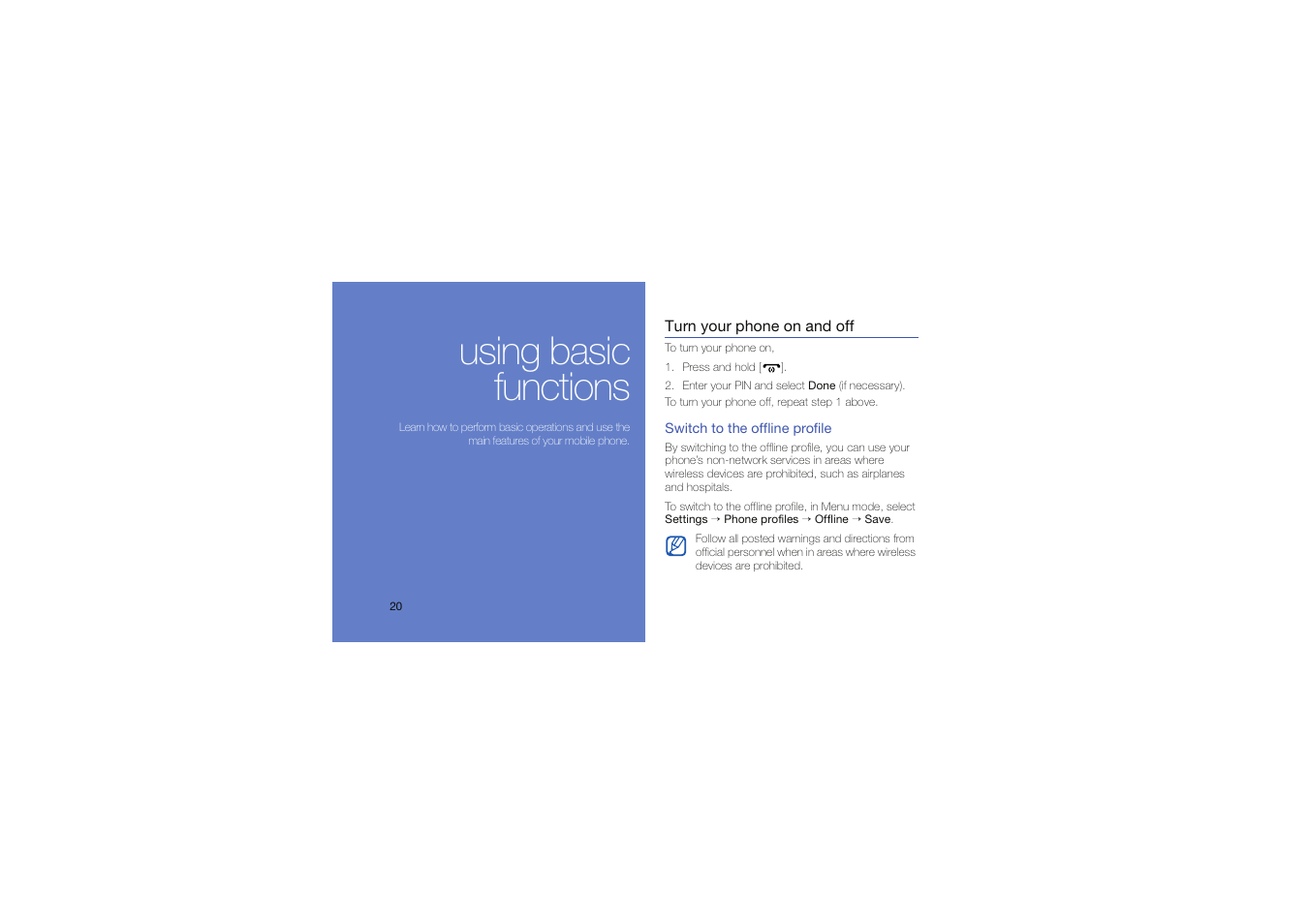 Using basic functions, Turn your phone on and off | Samsung Genoa User Manual | Page 27 / 70