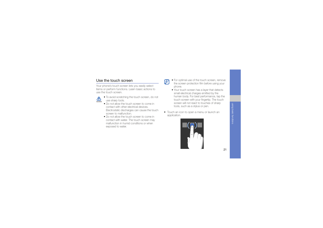 Use the touch screen | Samsung Genoa User Manual | Page 28 / 70