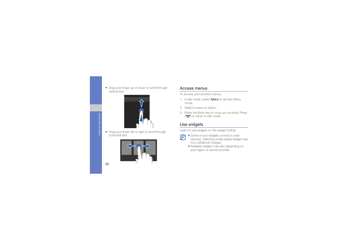 Access menus, Use widgets | Samsung Genoa User Manual | Page 29 / 70