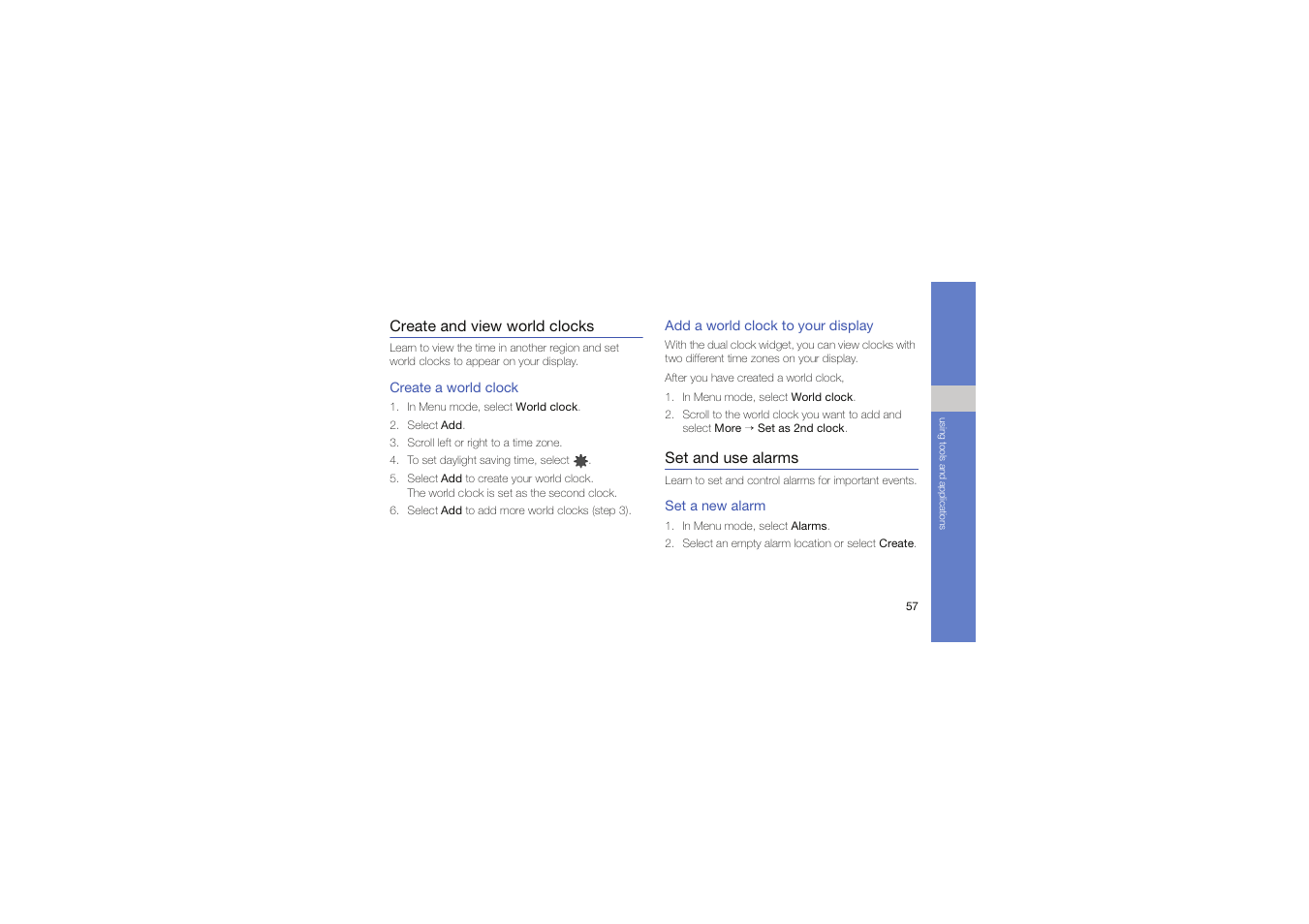 Create and view world clocks, Set and use alarms | Samsung Genoa User Manual | Page 64 / 70