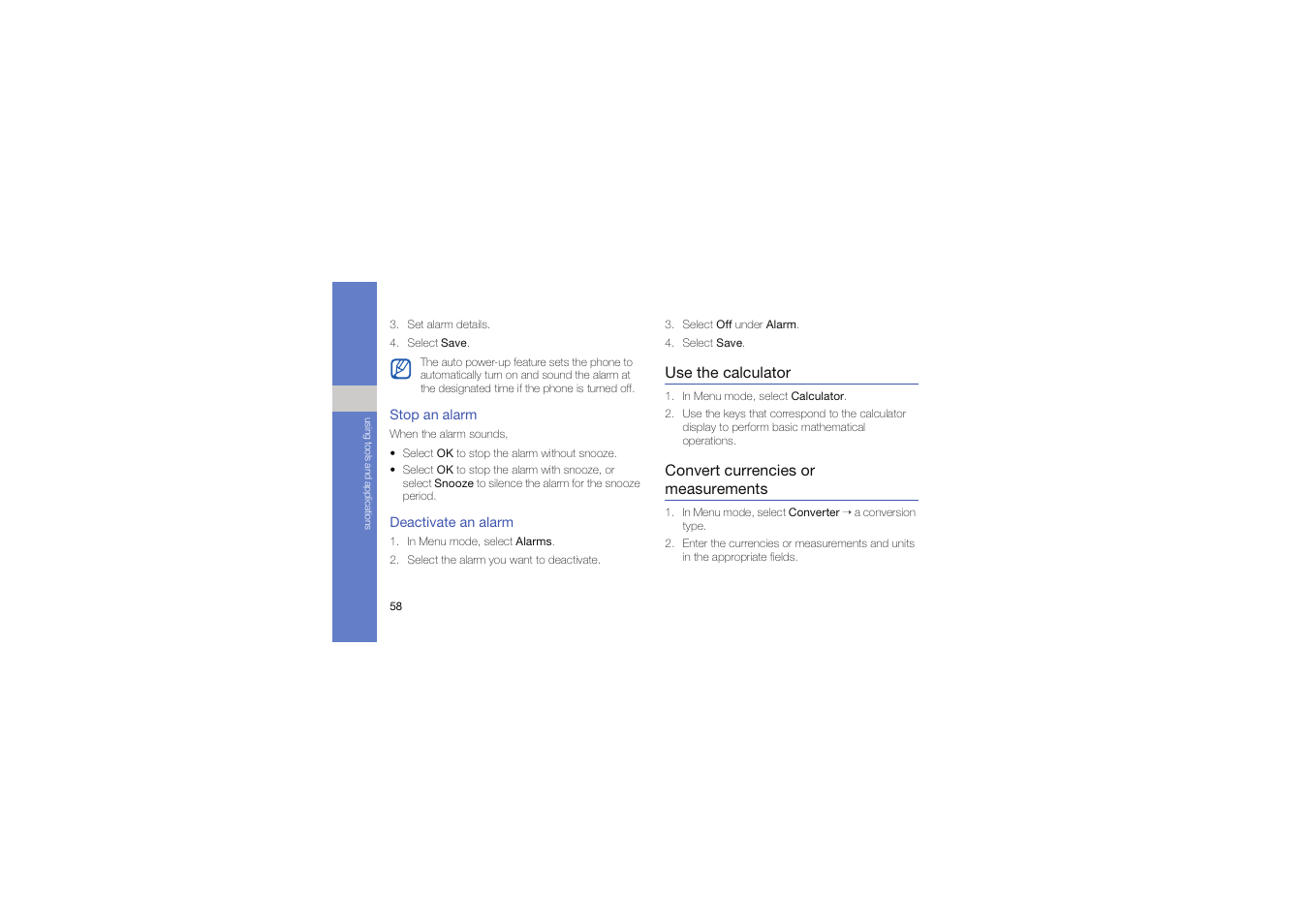 Use the calculator, Convert currencies or measurements | Samsung Genoa User Manual | Page 65 / 70