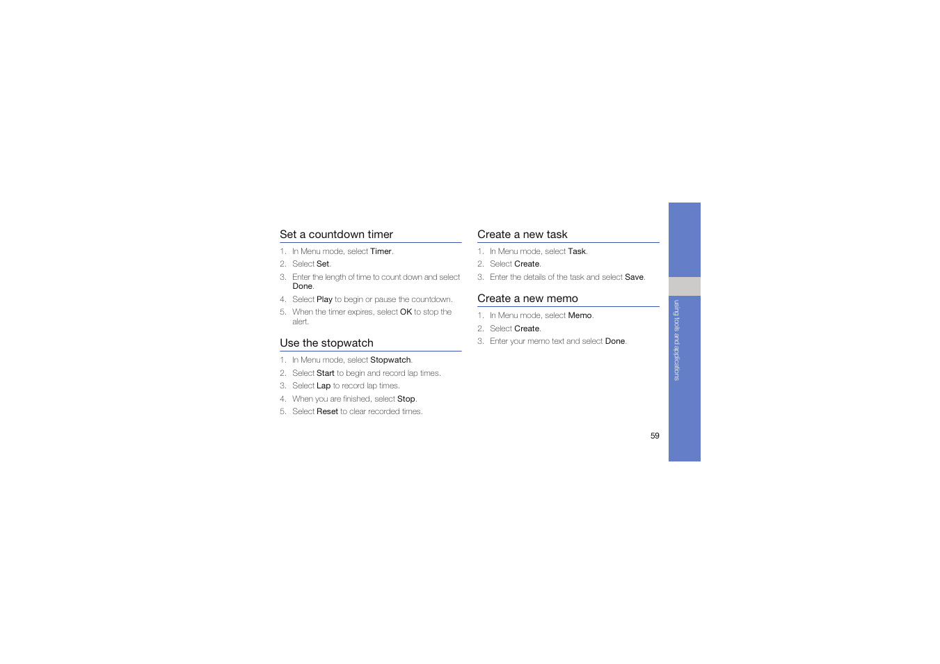 Set a countdown timer, Use the stopwatch, Create a new task | Create a new memo | Samsung Genoa User Manual | Page 66 / 70