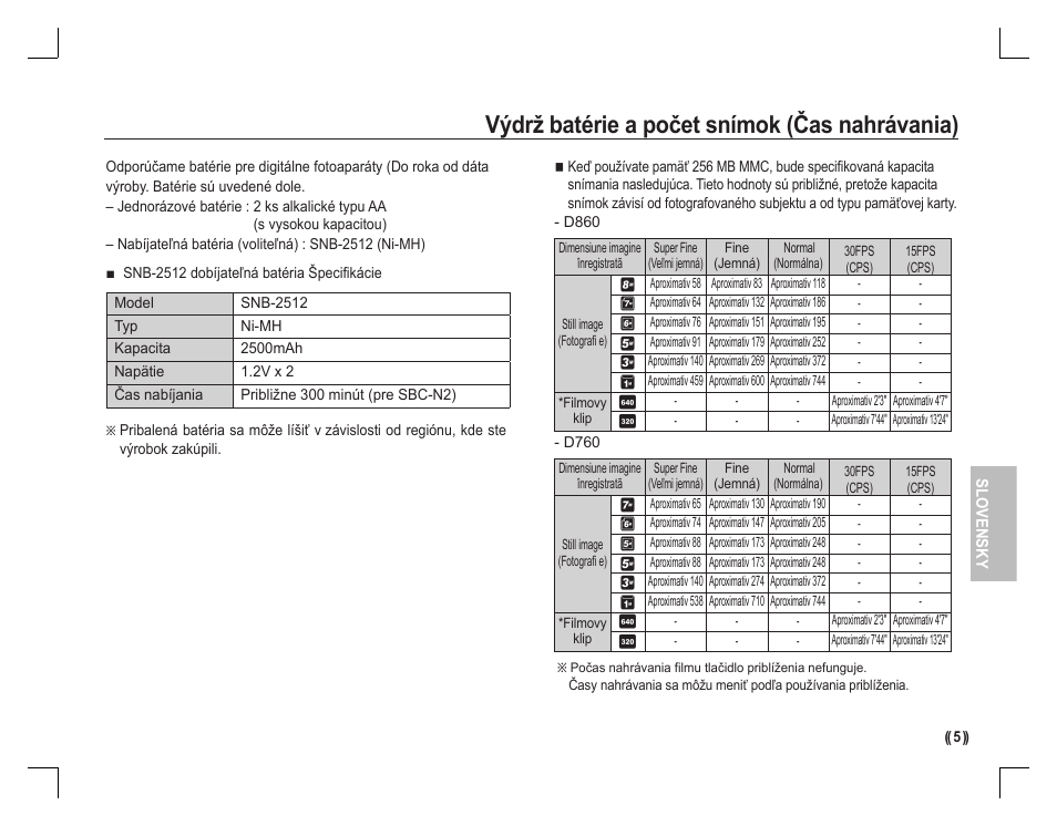 Výdrž batérie a počet snímok (čas nahrávania) | Samsung D760 User Manual | Page 102 / 162