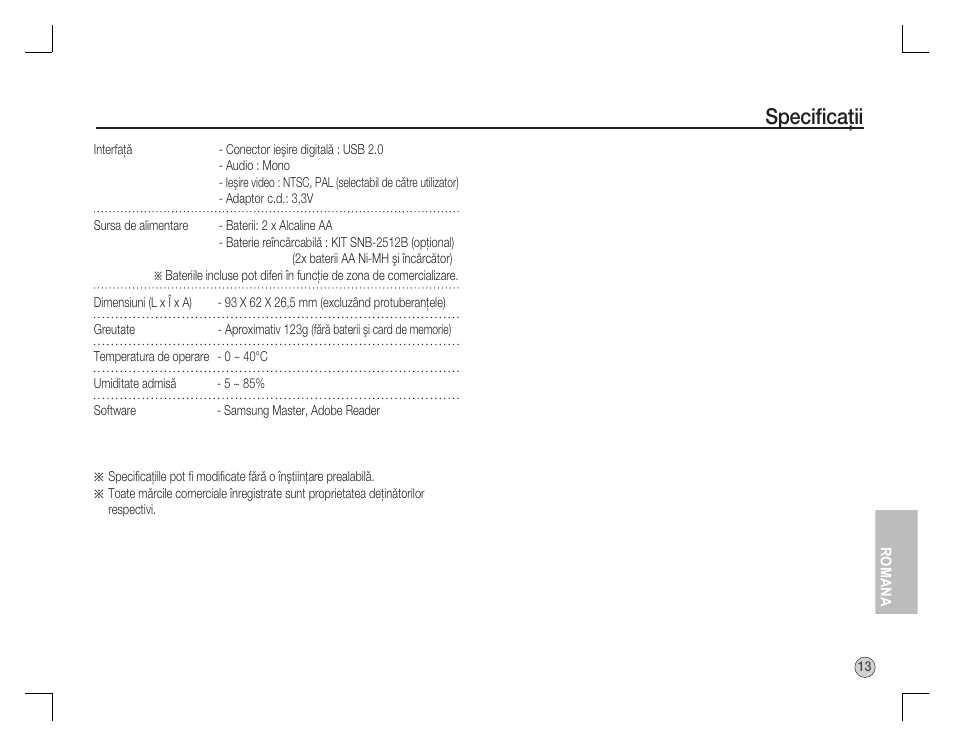 Speciﬁ caţii | Samsung D760 User Manual | Page 142 / 162