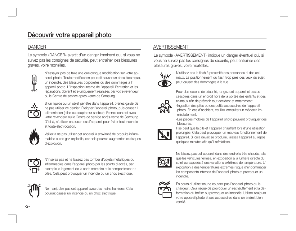 Découvrir votre appareil photo, Danger, Avertissement | Samsung D760 User Manual | Page 35 / 162