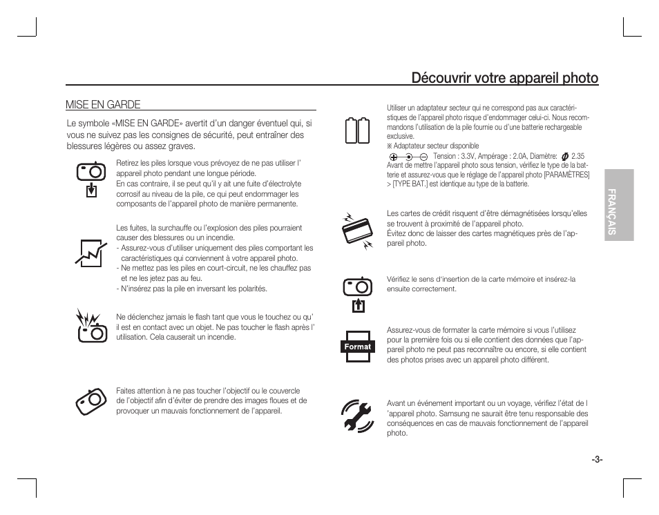 Découvrir votre appareil photo, Mise en garde | Samsung D760 User Manual | Page 36 / 162