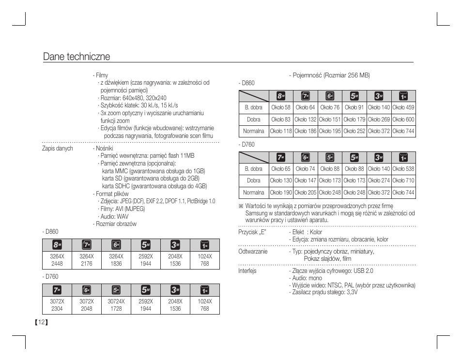 Dane techniczne | Samsung D760 User Manual | Page 77 / 162