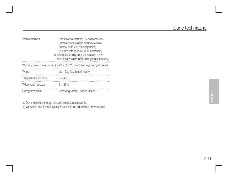 Dane techniczne | Samsung D760 User Manual | Page 78 / 162