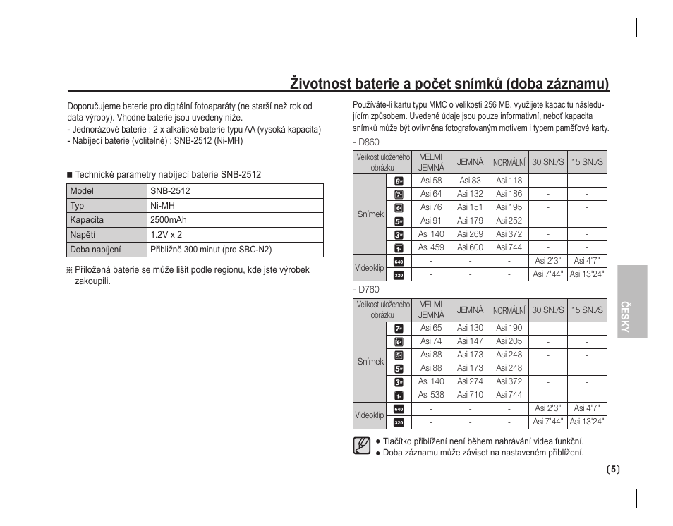 Životnost baterie a počet snímků (doba záznamu) | Samsung D760 User Manual | Page 86 / 162