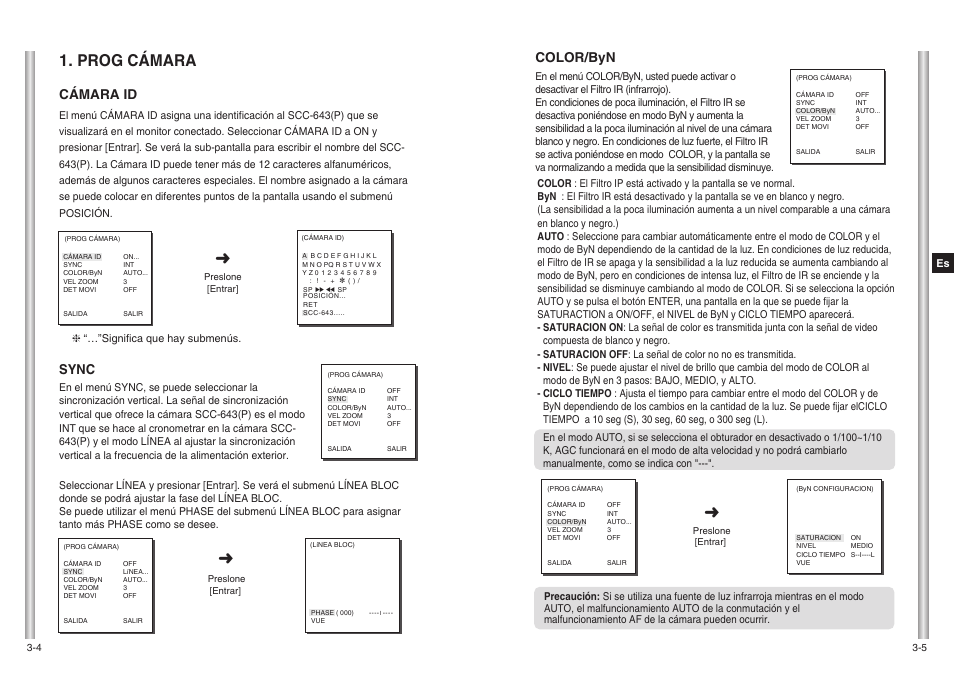 Prog cámara, Color/byn, Cámara id | Sync | Samsung SCC-643(P) User Manual | Page 101 / 140