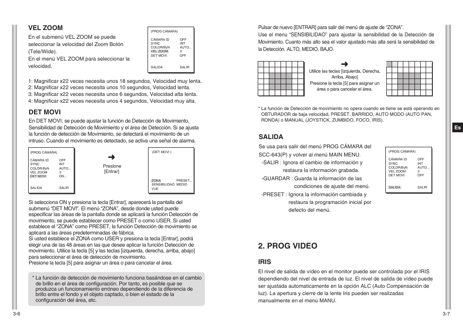 Prog video, Iris, Salida | Det movi, Vel zoom | Samsung SCC-643(P) User Manual | Page 102 / 140