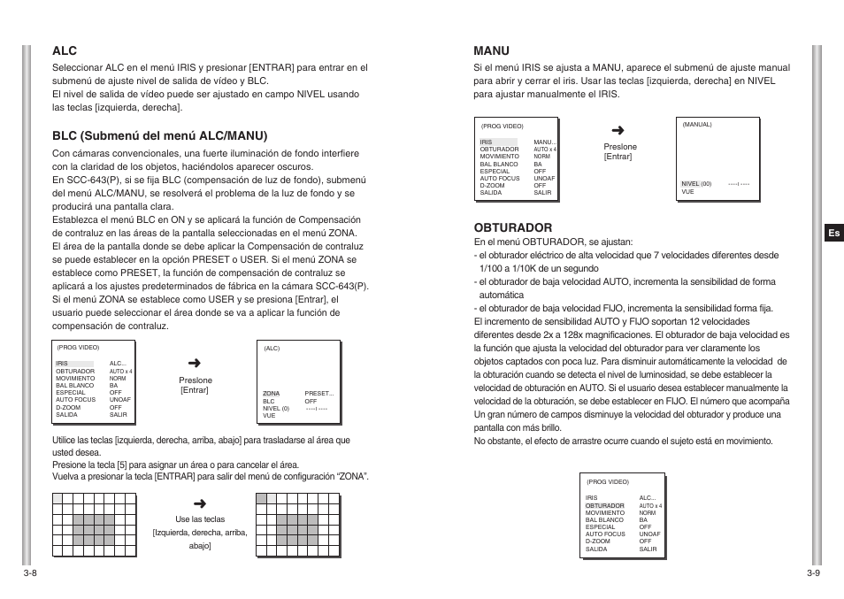 Manu, Obturador, Blc (submenú del menú alc/manu) | Samsung SCC-643(P) User Manual | Page 103 / 140