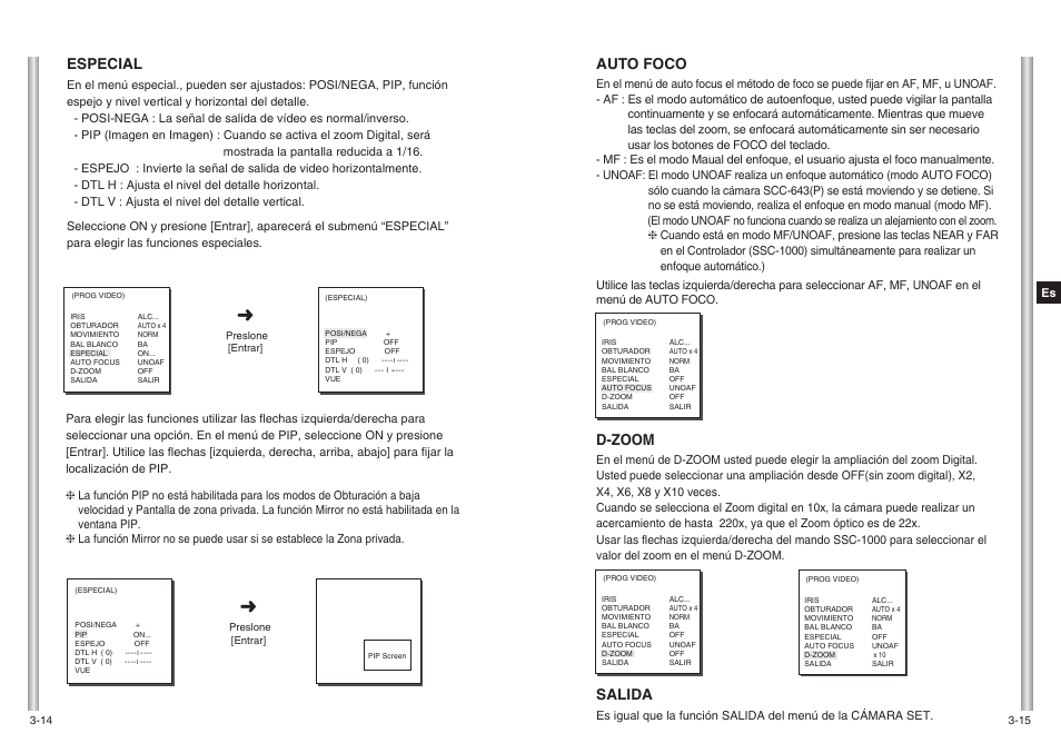 Auto foco, D-zoom, Salida | Especial | Samsung SCC-643(P) User Manual | Page 106 / 140