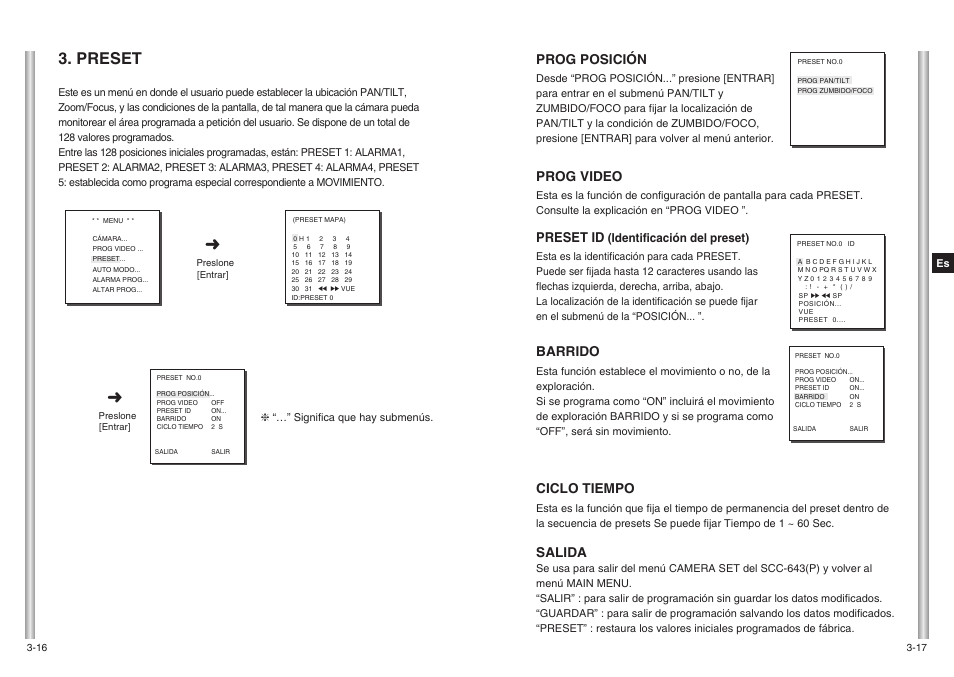 Preset, Prog posición, Prog video | Preset id, Barrido, Ciclo tiempo, Salida, Identificación del preset) | Samsung SCC-643(P) User Manual | Page 107 / 140