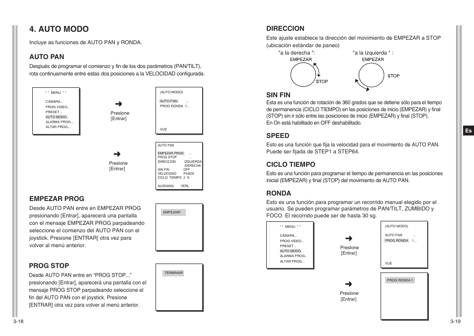 Auto modo, Direccion, Sin fin | Speed, Ciclo tiempo, Ronda, Prog stop, Auto pan, Empezar prog | Samsung SCC-643(P) User Manual | Page 108 / 140