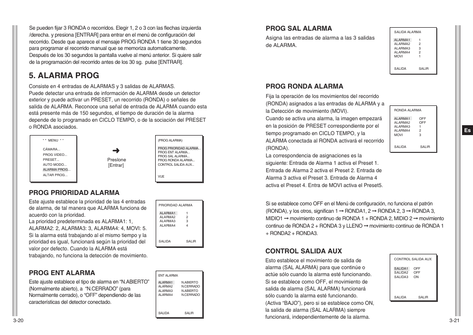 Alarma prog, Prog sal alarma, Prog ronda alarma | Control salida aux, Prog prioridad alarma, Prog ent alarma | Samsung SCC-643(P) User Manual | Page 109 / 140