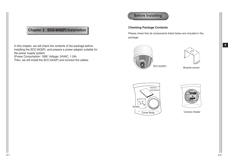 Chapter 2 scc-643(p) installation, Before installing | Samsung SCC-643(P) User Manual | Page 11 / 140