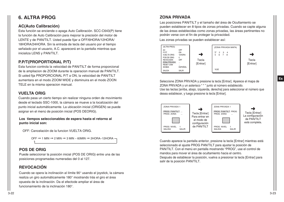 Altra prog, Zona privada, Ac(auto calibración) | P.p/t(proportional p/t), Vuelta orig, Revocación, Pos de orig | Samsung SCC-643(P) User Manual | Page 110 / 140