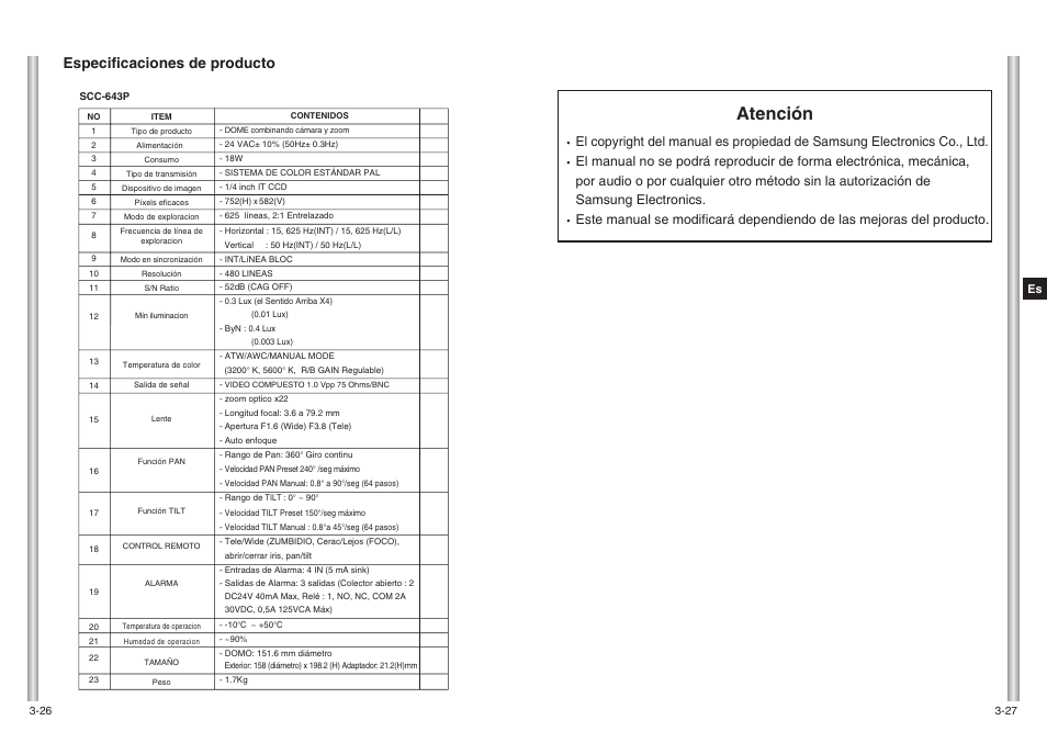 Atención, Especificaciones de producto | Samsung SCC-643(P) User Manual | Page 112 / 140