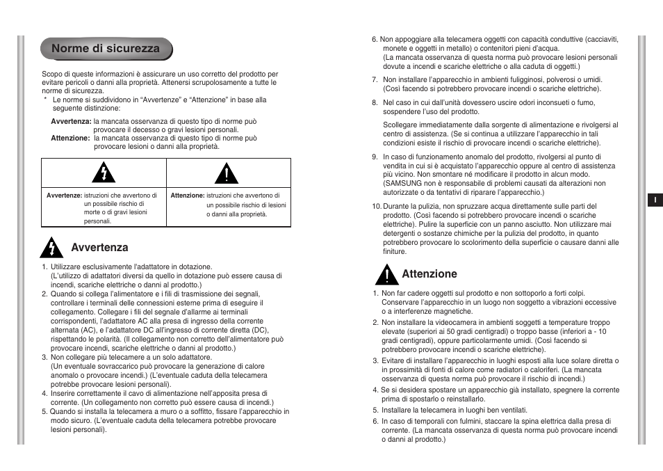 Norme di sicurezza, Avvertenza, Attenzione | Samsung SCC-643(P) User Manual | Page 114 / 140