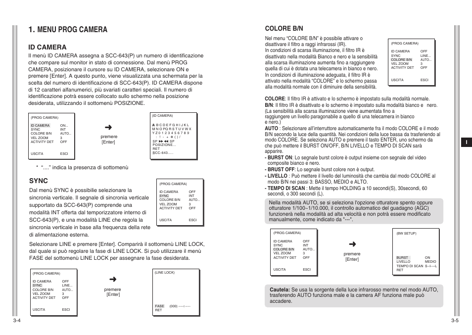 Menu prog camera, Colore b/n, Id camera | Sync | Samsung SCC-643(P) User Manual | Page 129 / 140