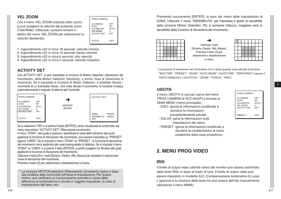 Menu prog video, Iris, Uscita | Vel zoom, Activity det | Samsung SCC-643(P) User Manual | Page 130 / 140