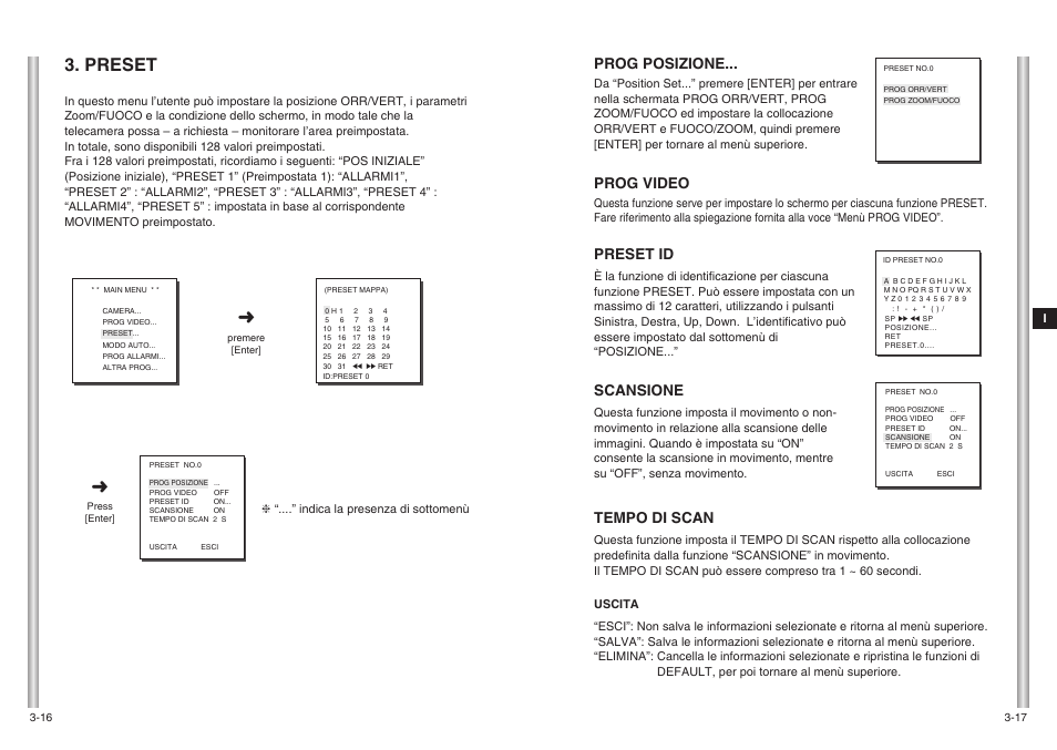 Preset, Prog posizione, Prog video | Preset id, Scansione, Tempo di scan | Samsung SCC-643(P) User Manual | Page 135 / 140