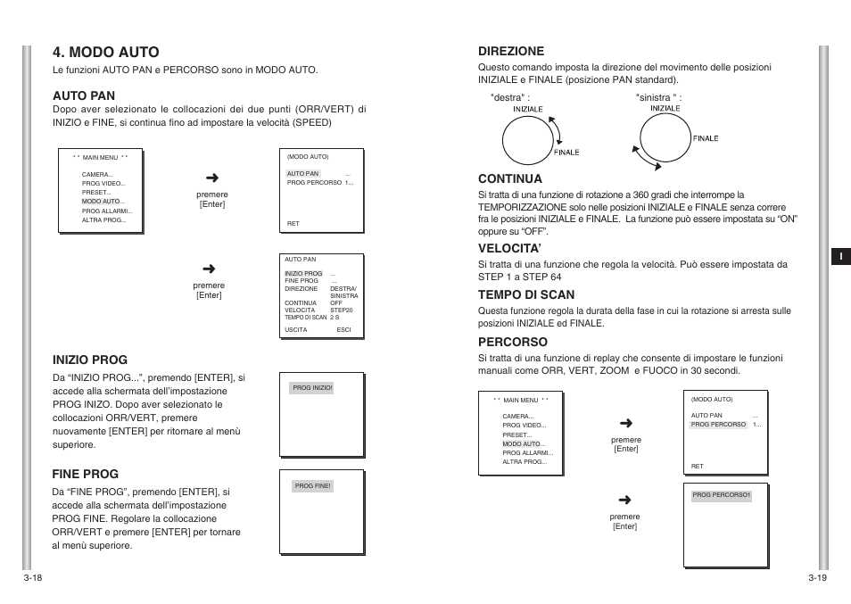 Modo auto, Direzione, Continua | Velocita, Tempo di scan, Percorso, Fine prog, Auto pan, Inizio prog | Samsung SCC-643(P) User Manual | Page 136 / 140