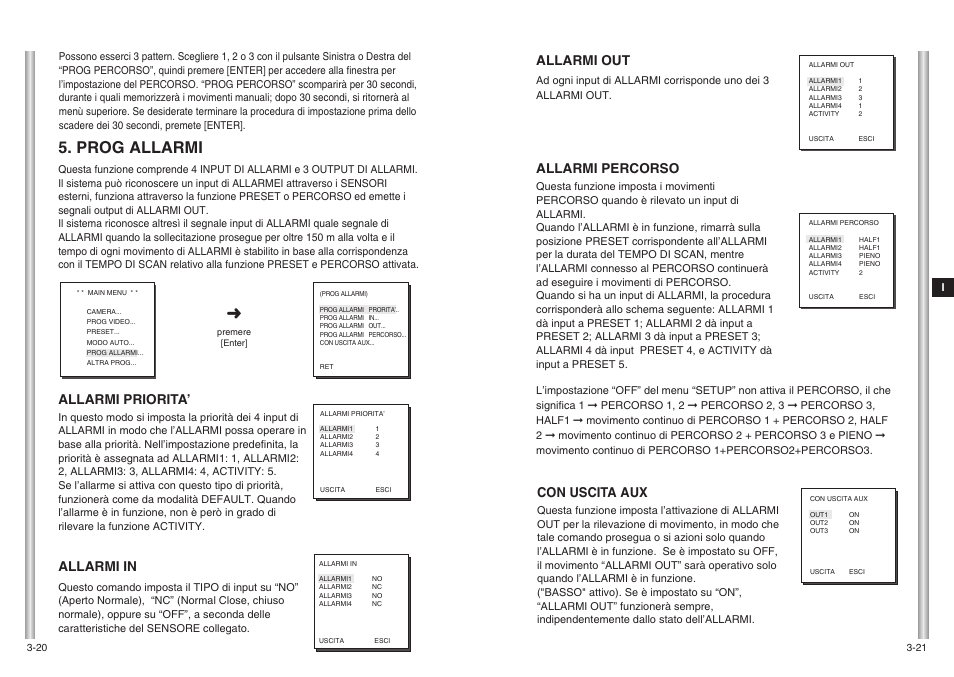 Prog allarmi, Allarmi out, Con uscita aux | Allarmi in, Allarmi percorso, Allarmi priorita | Samsung SCC-643(P) User Manual | Page 137 / 140