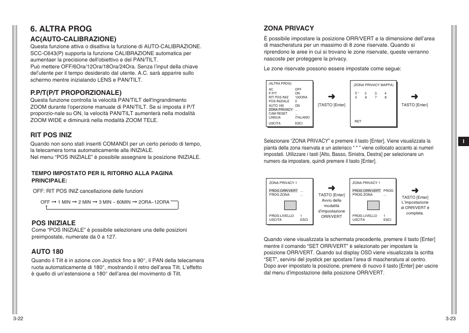 Altra prog, Zona privacy, Auto 180 | Pos iniziale, Ac(auto-calibrazione), P.p/t(p/t proporzionale), Rit pos iniz | Samsung SCC-643(P) User Manual | Page 138 / 140