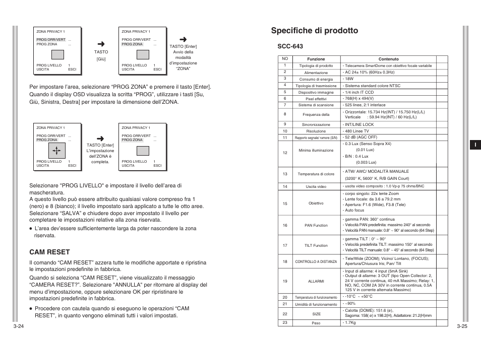 Specifiche di prodotto, Cam reset, Scc-643 | Samsung SCC-643(P) User Manual | Page 139 / 140