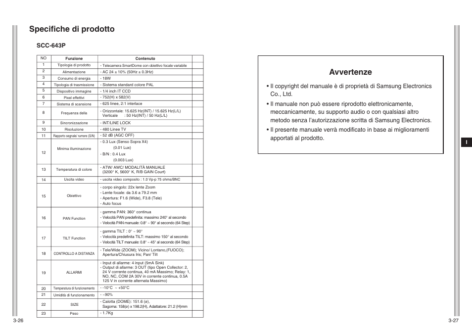Avvertenze, Specifiche di prodotto, Scc-643p | Samsung SCC-643(P) User Manual | Page 140 / 140