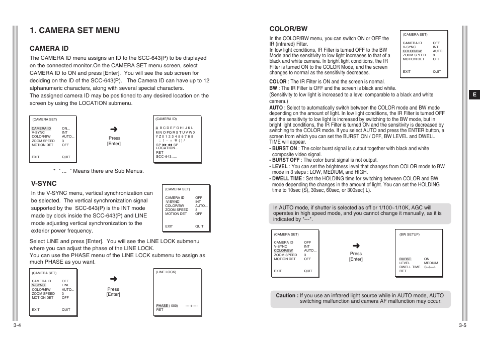 Camera set menu, Color/bw, Camera id | V-sync | Samsung SCC-643(P) User Manual | Page 17 / 140