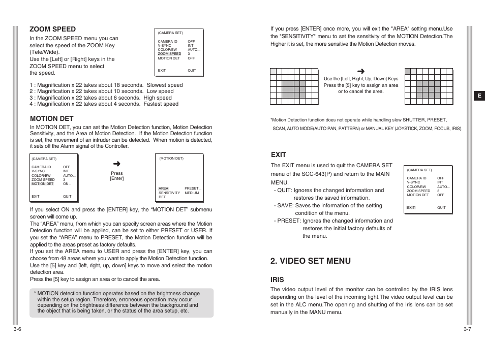 Video set menu, Iris, Exit | Motion det, Zoom speed | Samsung SCC-643(P) User Manual | Page 18 / 140