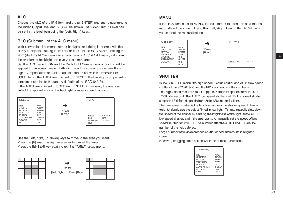 Manu, Shutter, Blc (submenu of the alc menu) | Samsung SCC-643(P) User Manual | Page 19 / 140