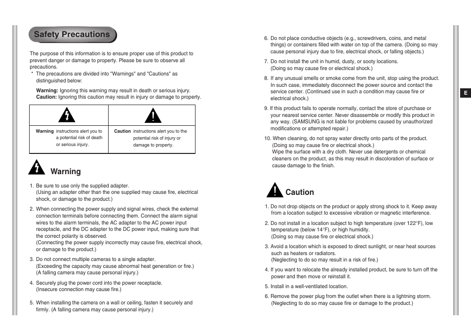 Safety precautions, Caution, Warning | Samsung SCC-643(P) User Manual | Page 2 / 140