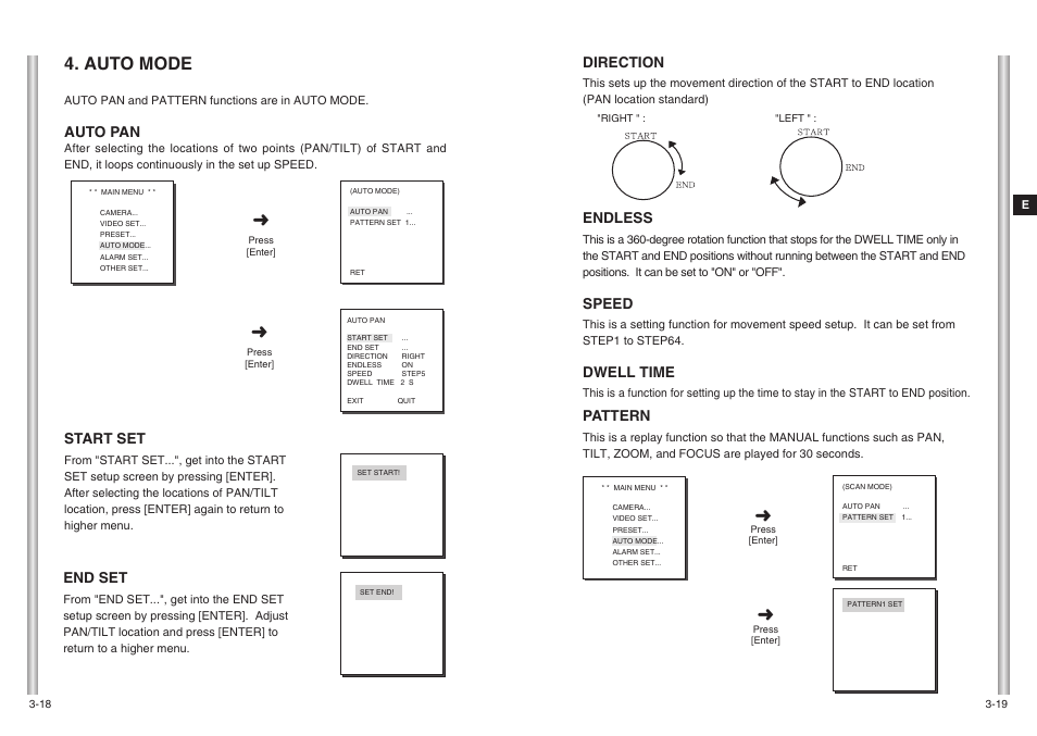 Auto mode, Direction, Endless | Speed, Dwell time, Pattern, End set, Auto pan, Start set | Samsung SCC-643(P) User Manual | Page 24 / 140