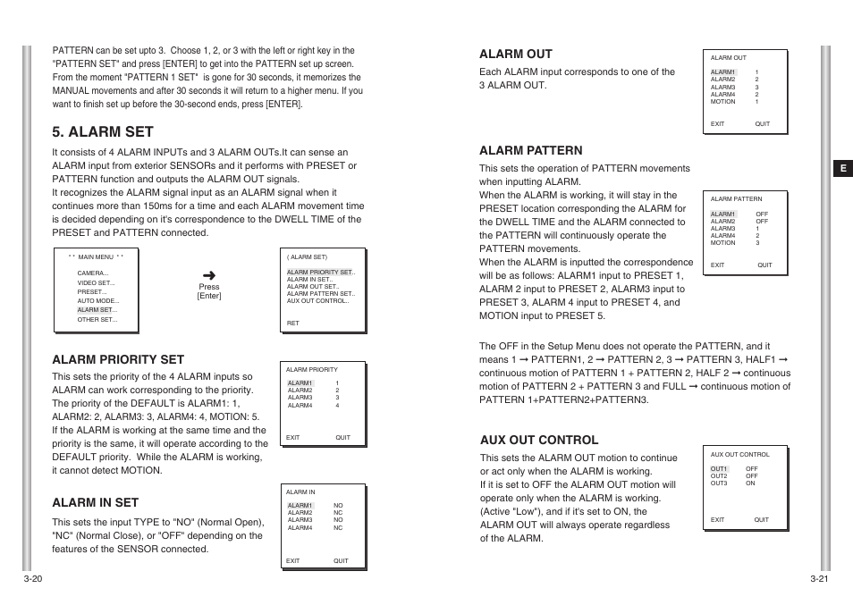 Alarm set, Alarm out, Alarm pattern | Aux out control, Alarm priority set, Alarm in set | Samsung SCC-643(P) User Manual | Page 25 / 140