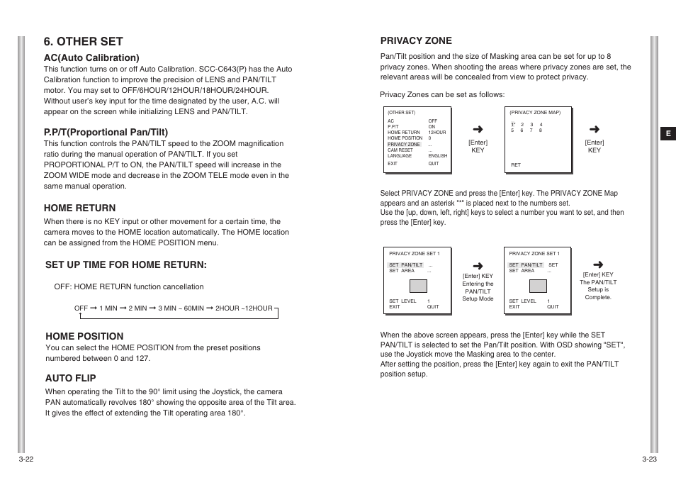 Other set, Privacy zone, Ac(auto calibration) | P.p/t(proportional pan/tilt), Home return, Set up time for home return, Auto flip, Home position | Samsung SCC-643(P) User Manual | Page 26 / 140