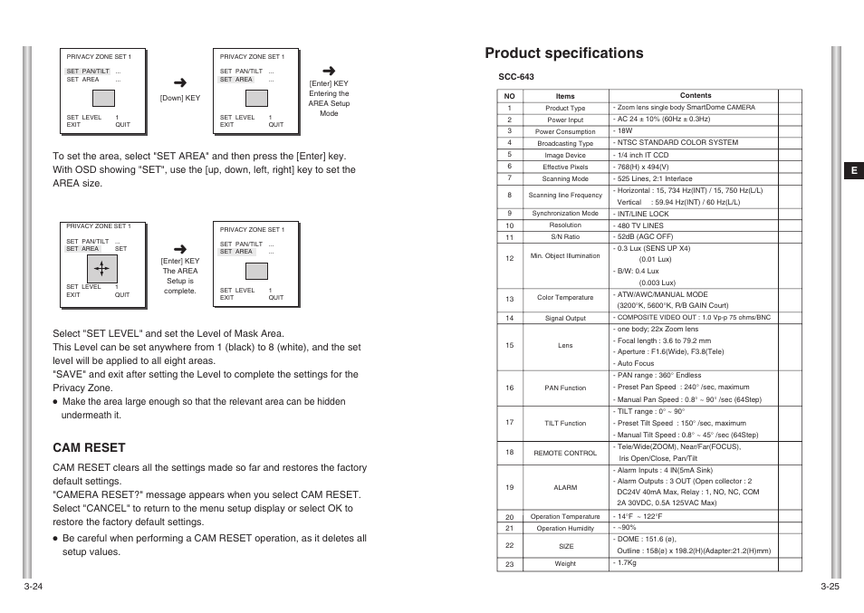 Product specifications, Cam reset | Samsung SCC-643(P) User Manual | Page 27 / 140