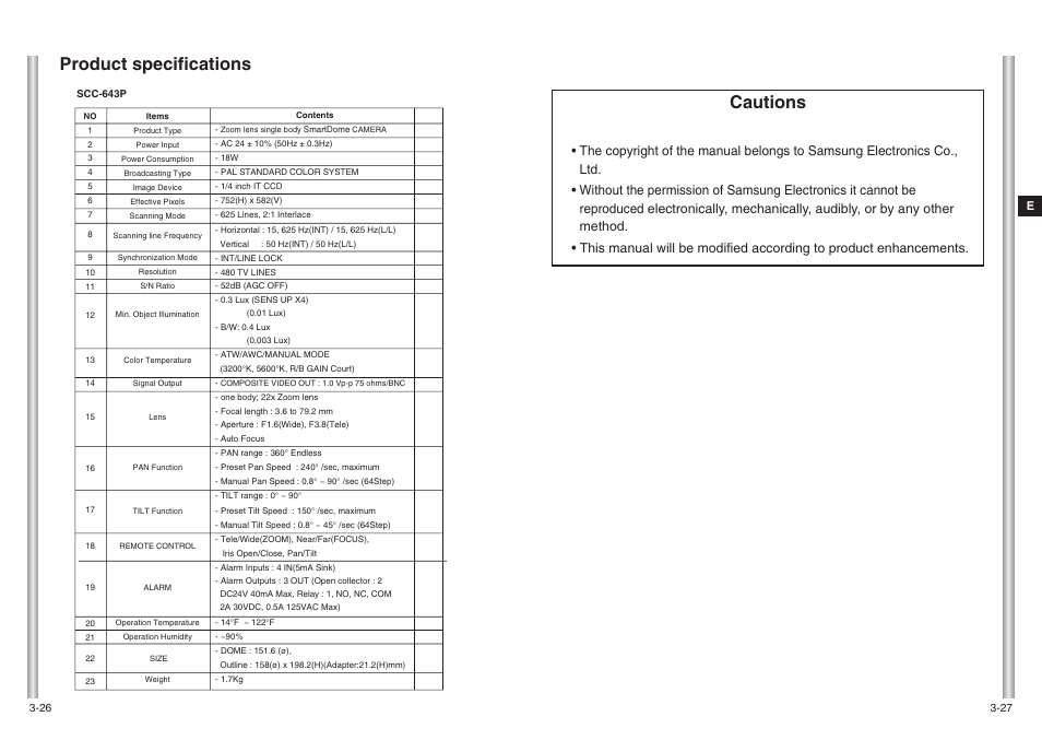 Cautions, Product specifications | Samsung SCC-643(P) User Manual | Page 28 / 140