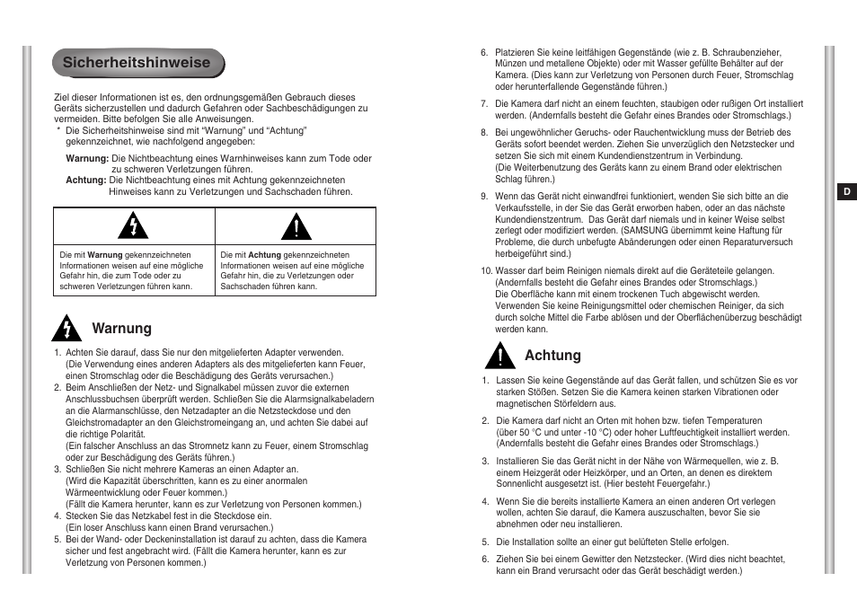 Sicherheitshinweise, Warnung, Achtung | Samsung SCC-643(P) User Manual | Page 30 / 140