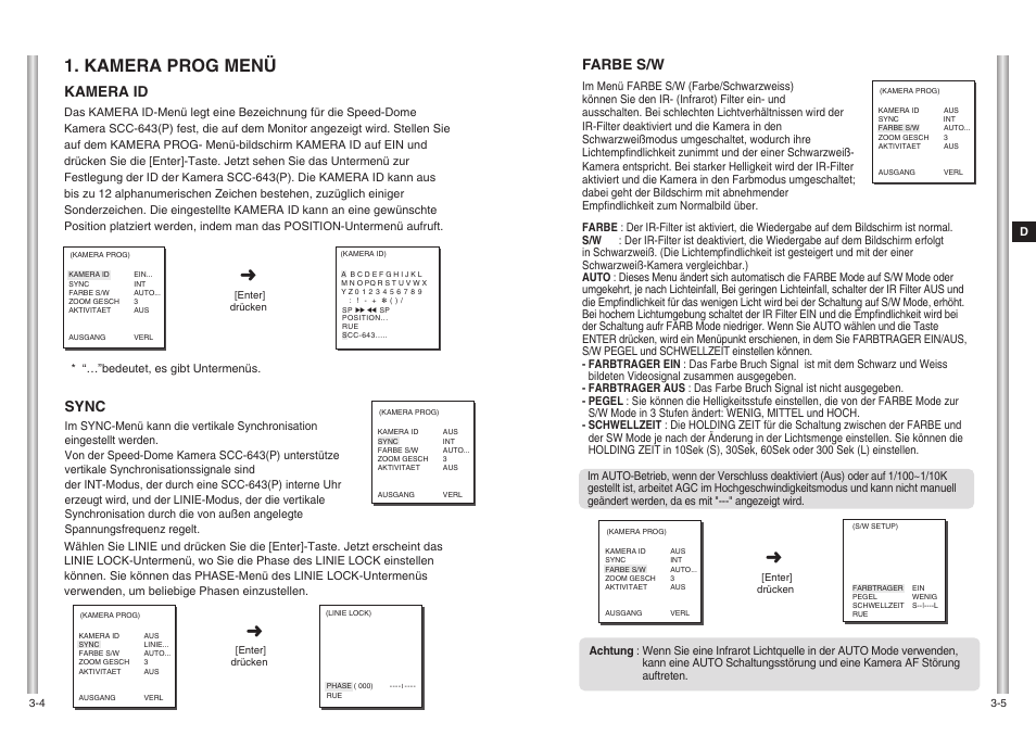 Kamera prog menü, Farbe s/w, Kamera id | Sync | Samsung SCC-643(P) User Manual | Page 45 / 140