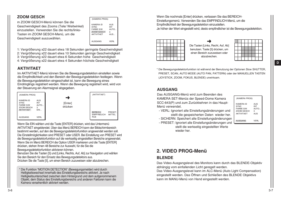 Video prog-menü, Blende, Ausgang | Zoom gesch, Aktivitaet | Samsung SCC-643(P) User Manual | Page 46 / 140