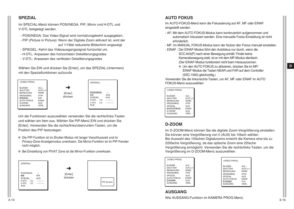 Auto fokus, D-zoom, Ausgang | Spezial | Samsung SCC-643(P) User Manual | Page 50 / 140