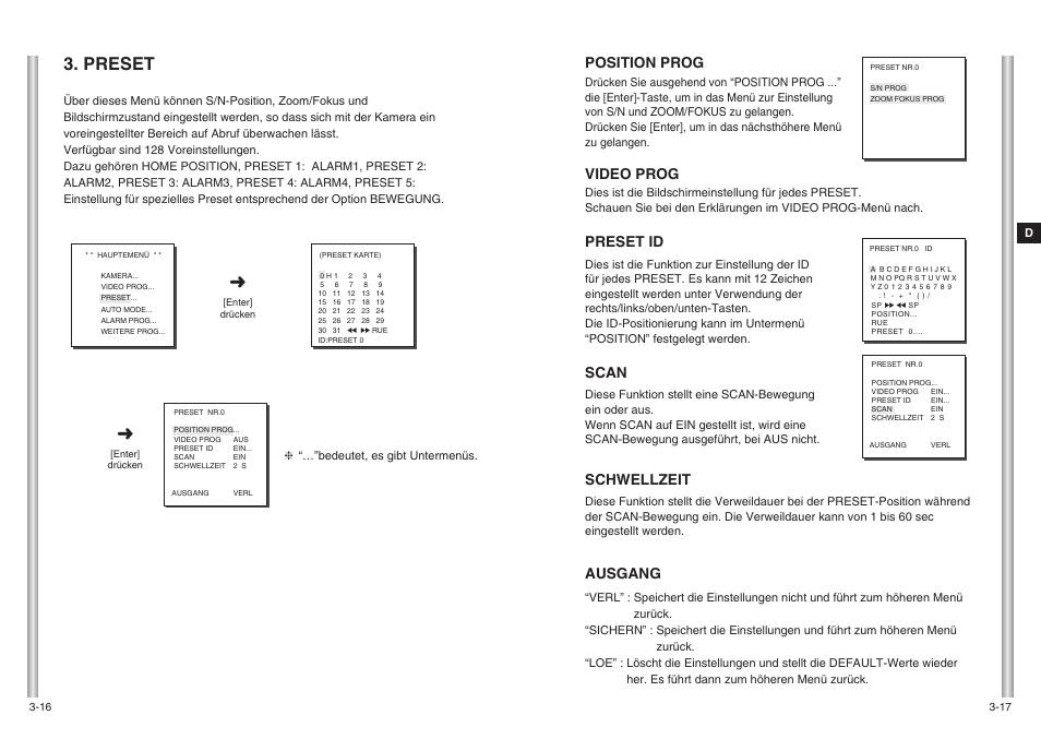 Preset, Position prog, Video prog | Preset id, Scan, Schwellzeit, Ausgang | Samsung SCC-643(P) User Manual | Page 51 / 140