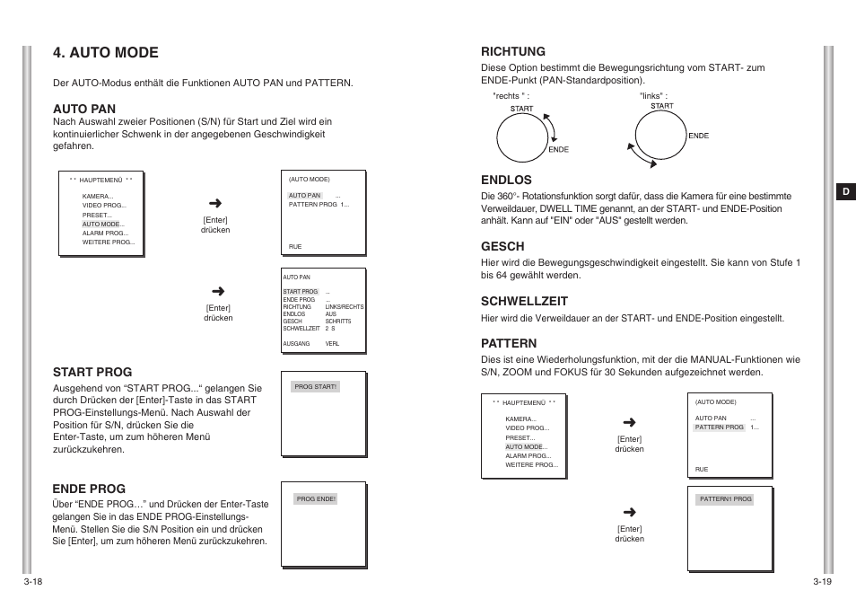 Auto mode, Richtung, Endlos | Gesch, Schwellzeit, Ende prog, Auto pan, Start prog, Pattern | Samsung SCC-643(P) User Manual | Page 52 / 140