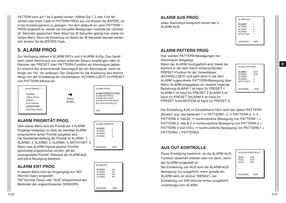 Alarm prog, Alarm aus prog, Alarm pattern prog | Aux out kontrolle, Alarm priorität prog, Alarm ent prog | Samsung SCC-643(P) User Manual | Page 53 / 140
