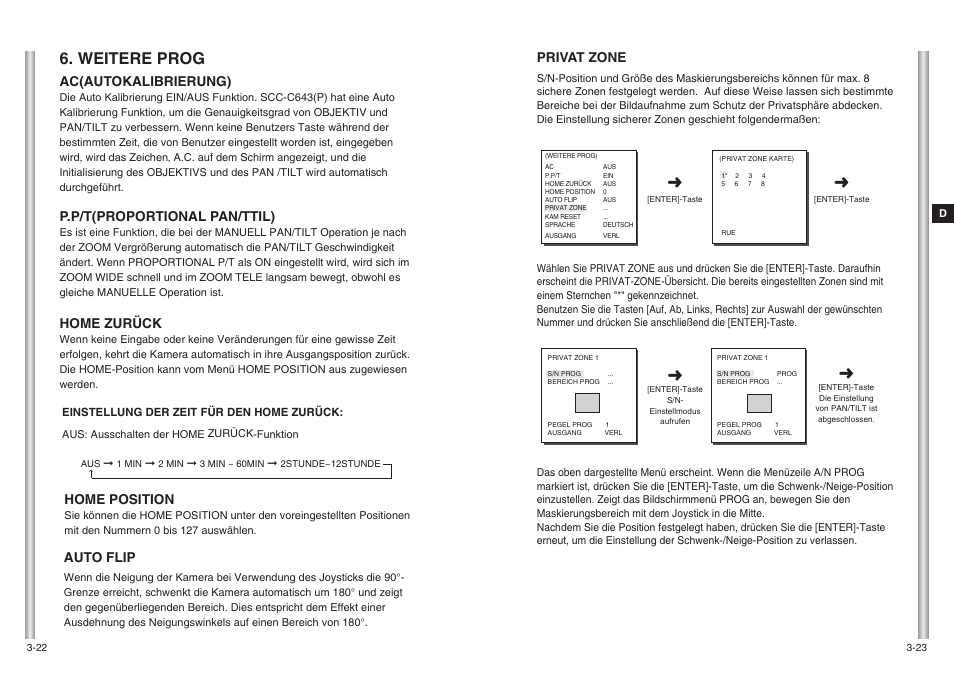 Weitere prog, Privat zone, Auto flip | Home position, Ac(autokalibrierung), P.p/t(proportional pan/ttil), Home zurück | Samsung SCC-643(P) User Manual | Page 54 / 140