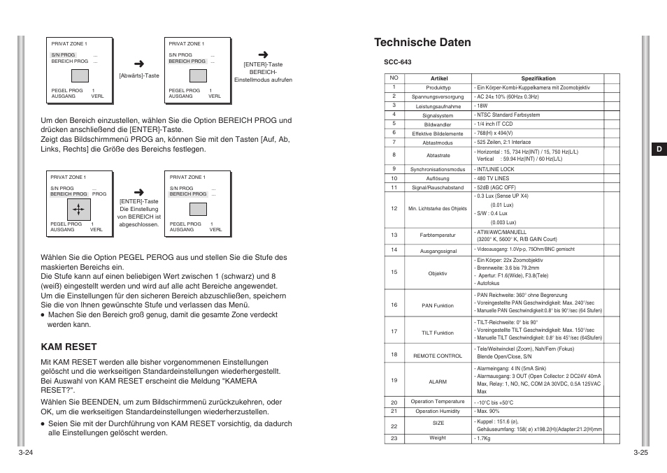 Technische daten, Kam reset | Samsung SCC-643(P) User Manual | Page 55 / 140